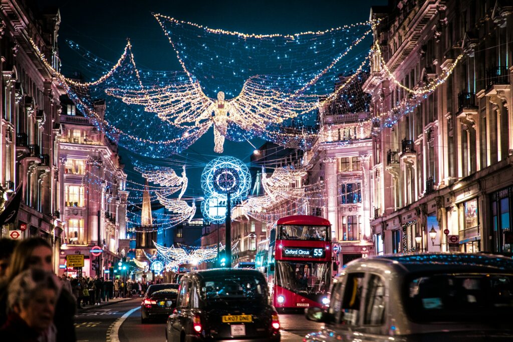 A bus on Regent Street at Christmas.