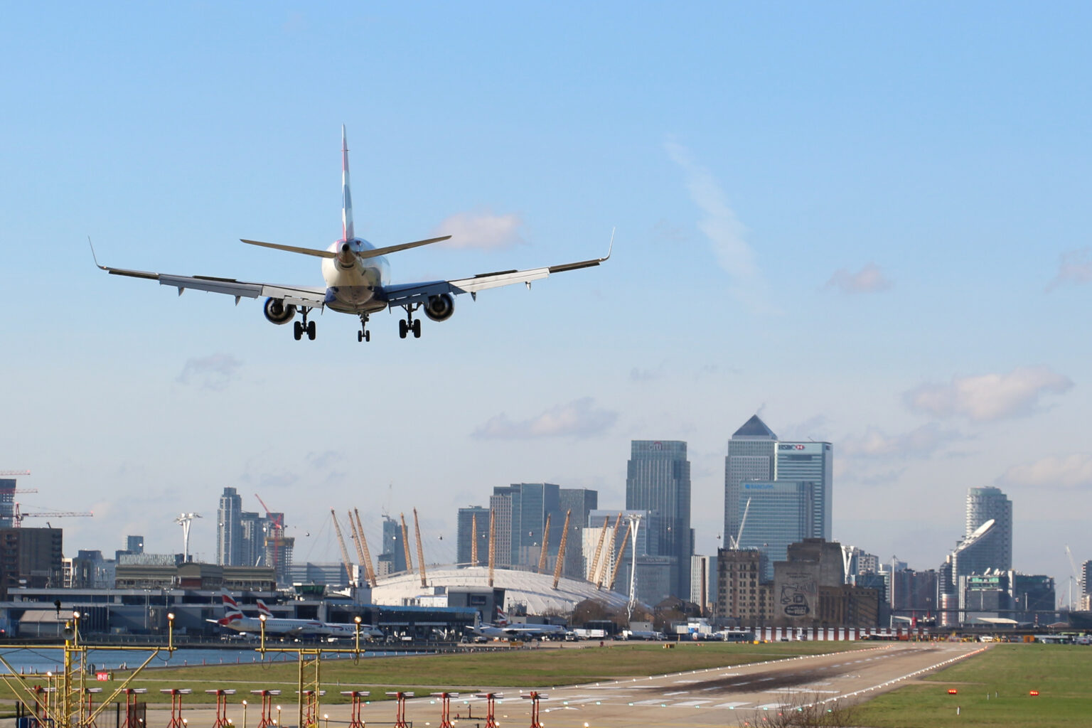 A British Airways plane landing at London City Airport.