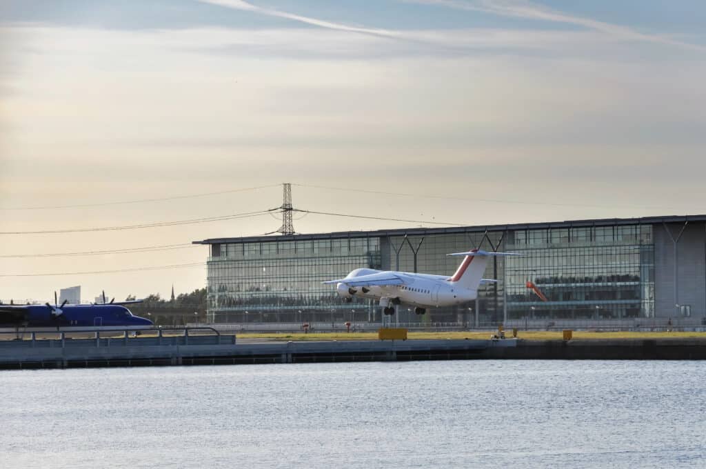 A plane taking off from London City Airport.