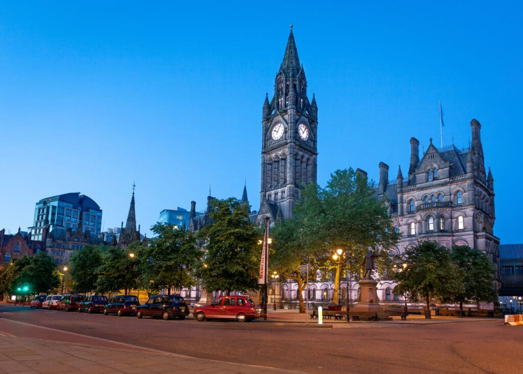 Manchester Town Hall, a Victorian, Neo-Gothic municipal building in Manchester, England.